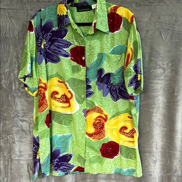 elegancia Tops - Vibrant Green and Yellow Button Down Shirt